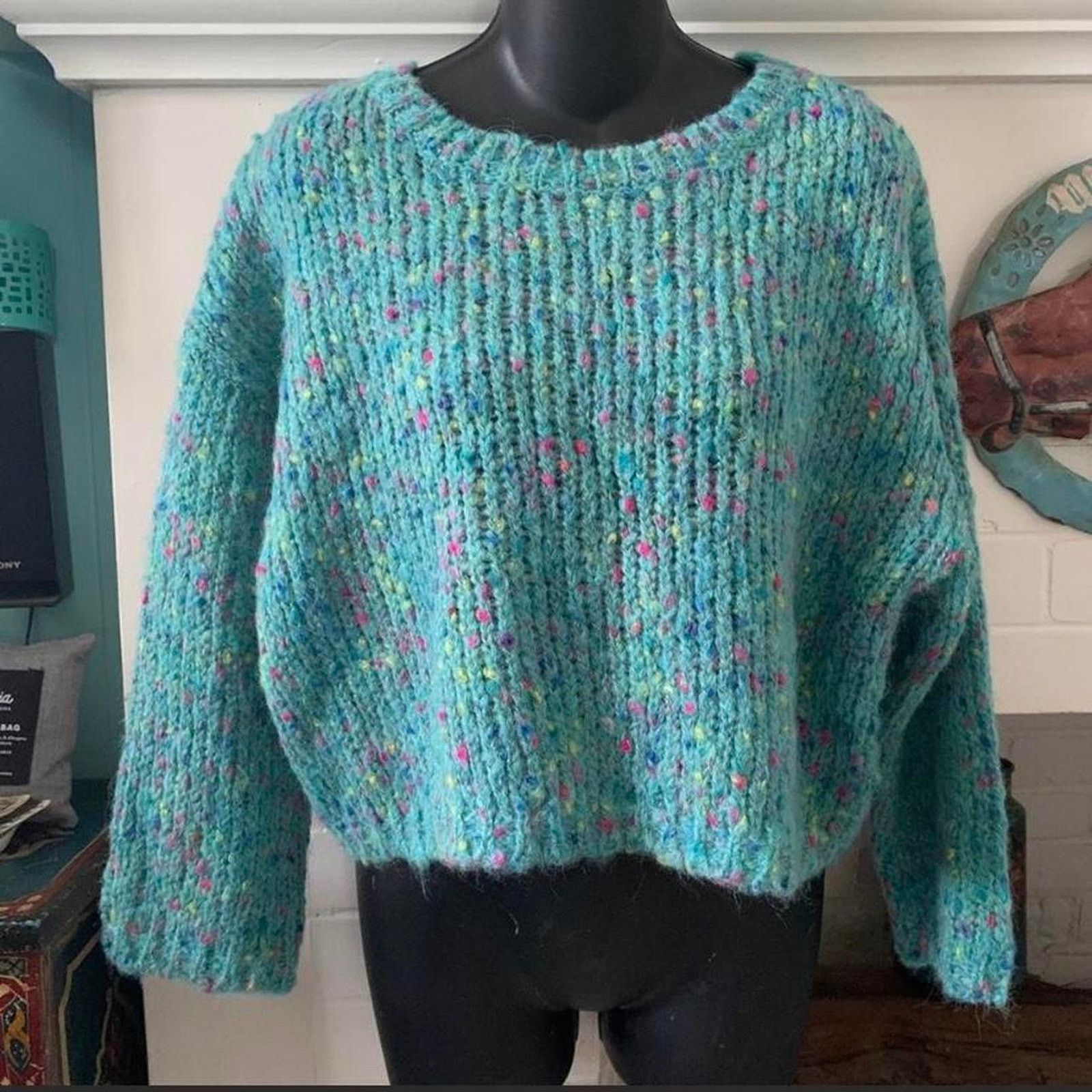 Other NWOT 90's Y2K FUZZY TURQUOISE TWEED WAIST LENGTH SWEATER Size ONE SIZE - 1 Thumbnail