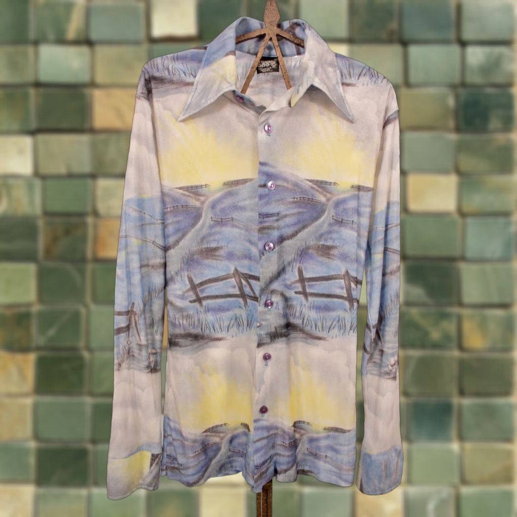 Vintage VINTAGE Men's VTG 70s Yellow & Blue Landscape Theme Polyester Shirt Sz S 1970s Disco Size US S / EU 44-46 / 1 - 1 Thumbnail
