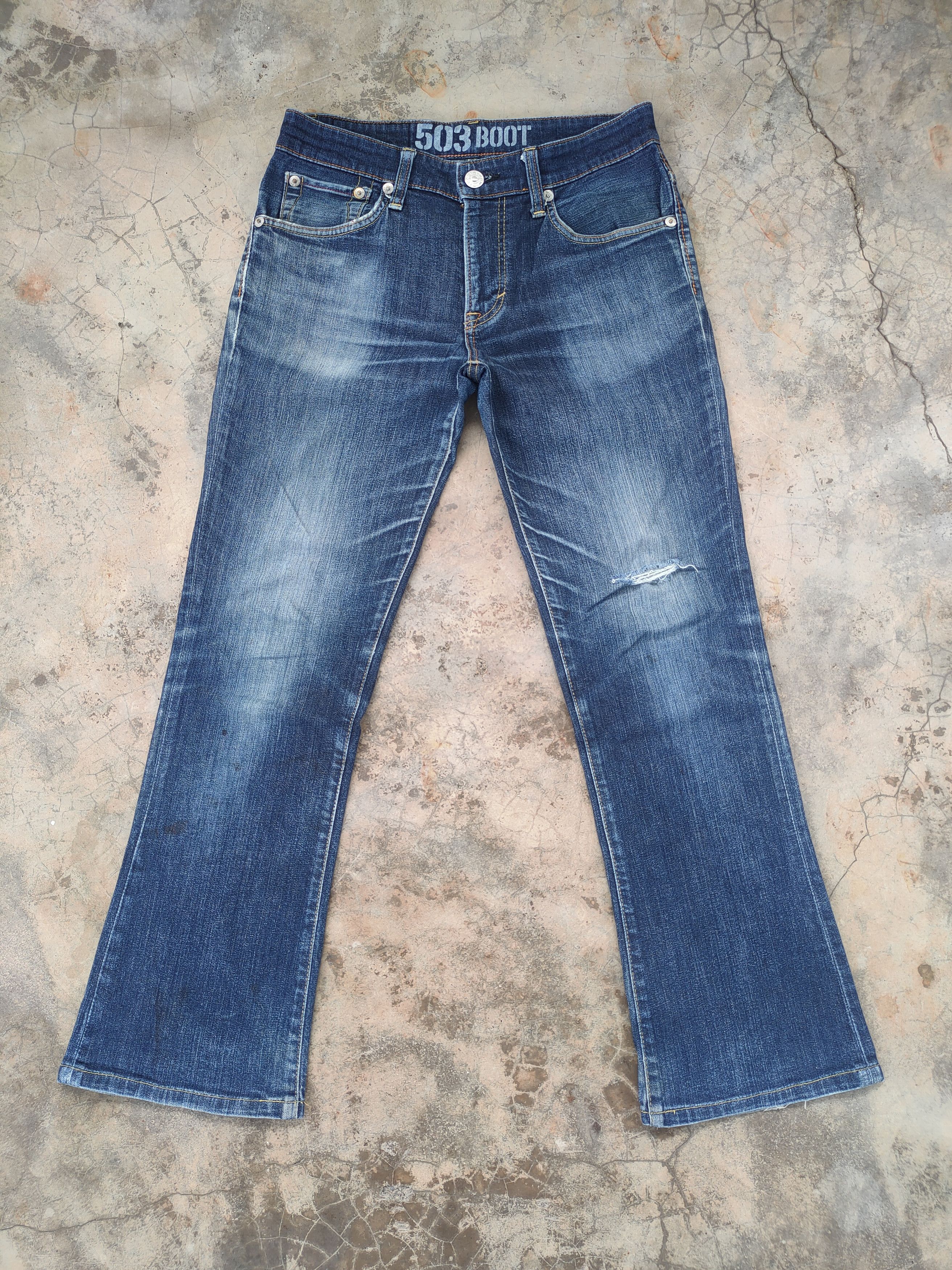 W32 VINTAGE EDWIN BOOT CUT FADED DISTRESSED JEAN PANTS