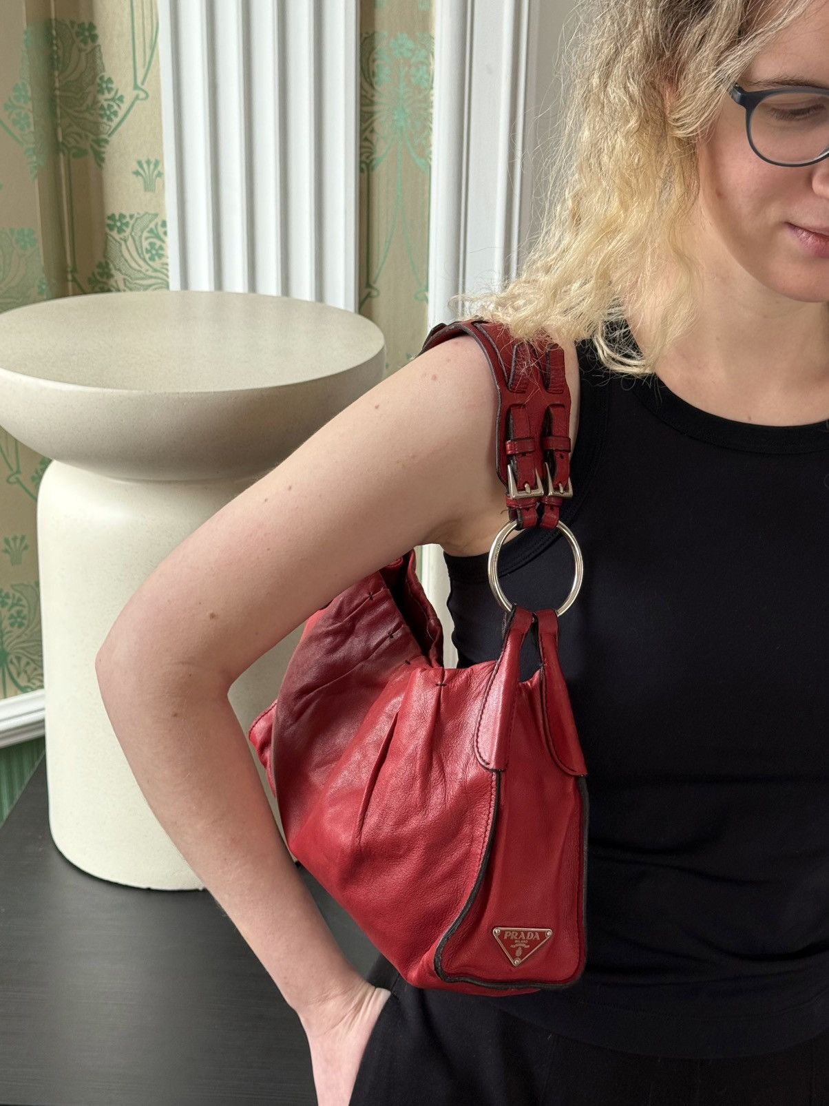 Prada Vintage Prada Logo Red Soft Leather Shoulder Bag Size ONE SIZE - 2 Thumbnail