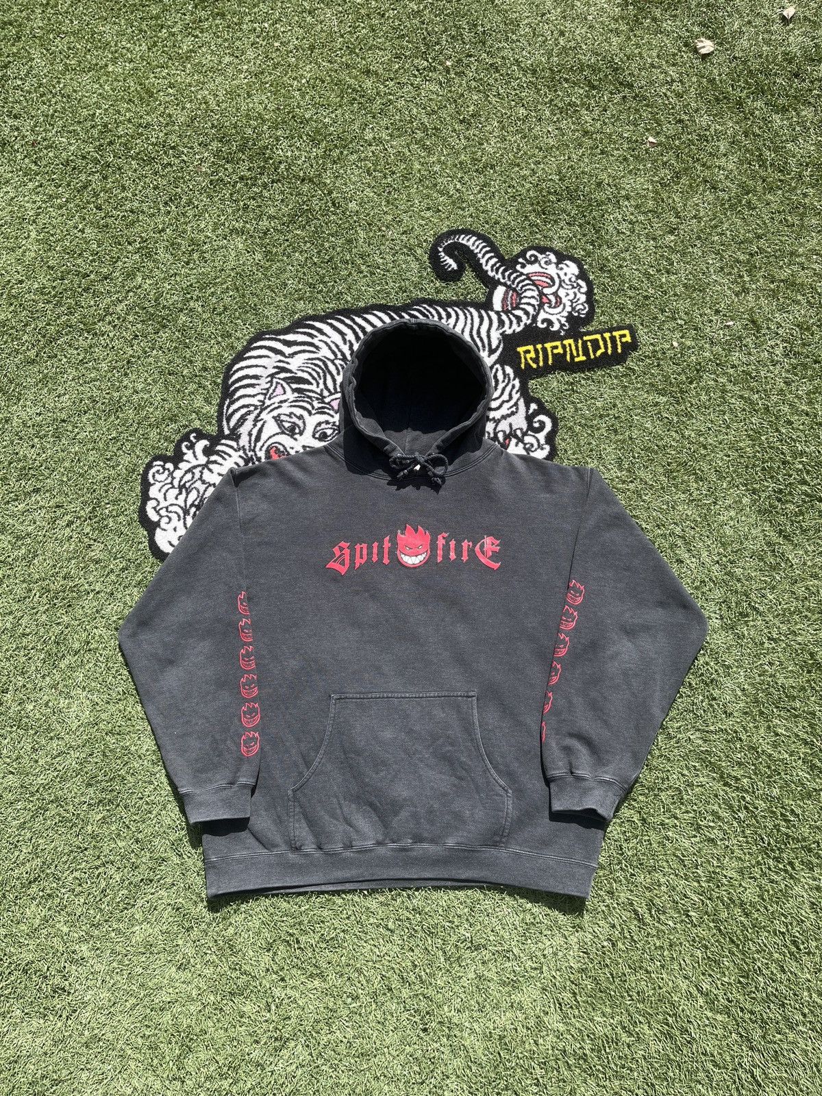 image of 90's Spitfire Wheels Ride The Fire Faded Grey Hoodie, Men's (Size Large)