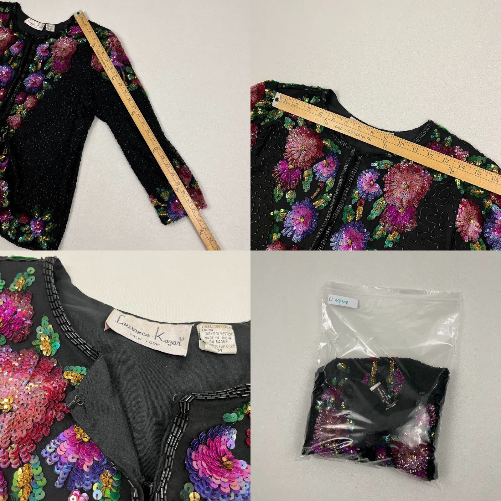 Vintage VINTAGE Laurence Kazar Jacket Top Womens M Black Silk Beaded Sequin Floral Party 90s Jacket Womens M Black Silk Beaded Sequin Floral 90s Size M / US 6-8 / IT 42-44 - 8 Thumbnail