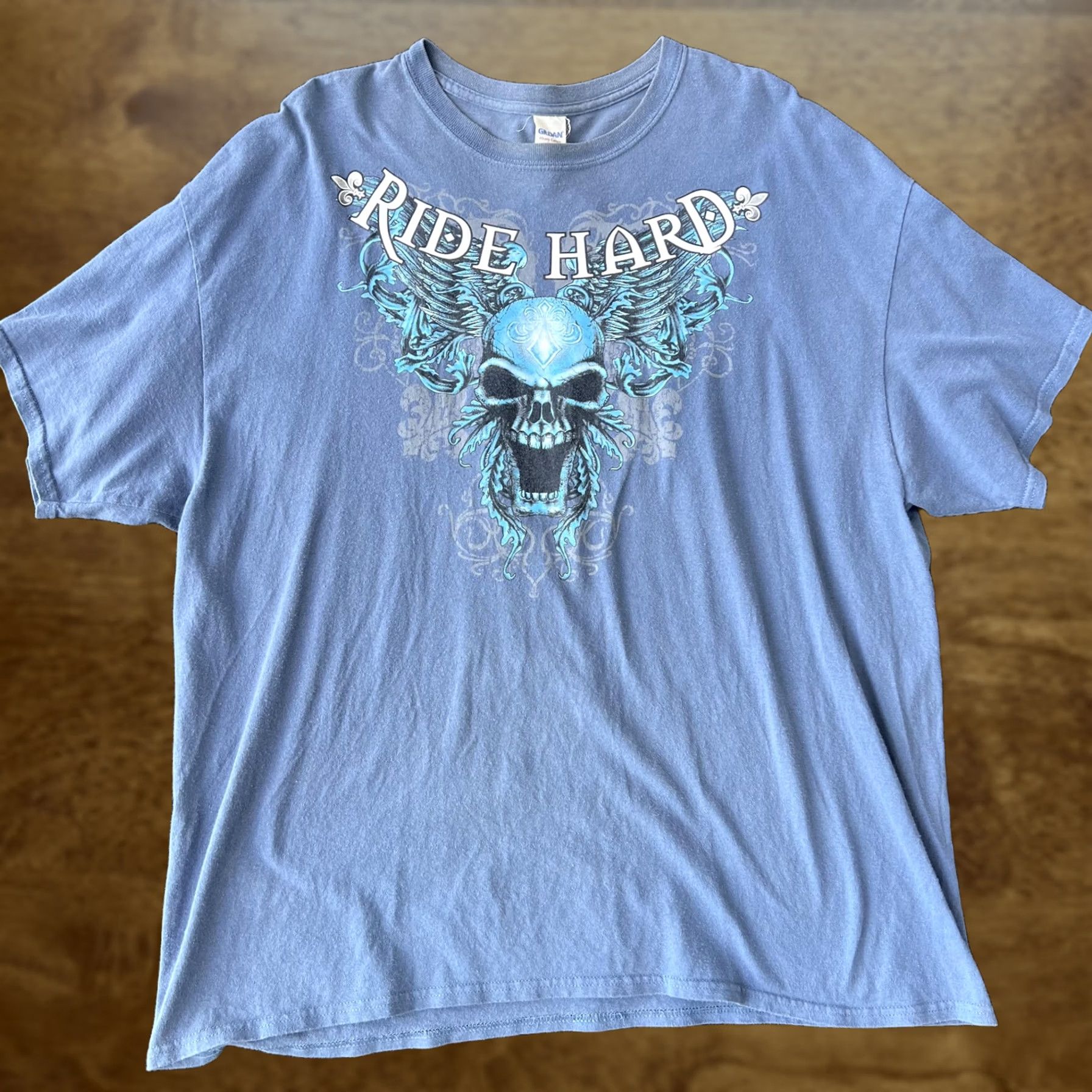 Gildan Ride Hard Shirt Mens 2XL Blue Skull Wings Biker Graphic Tee Gildan Heavy Cotton Size US XXL / EU 58 / 5 - 1 Thumbnail