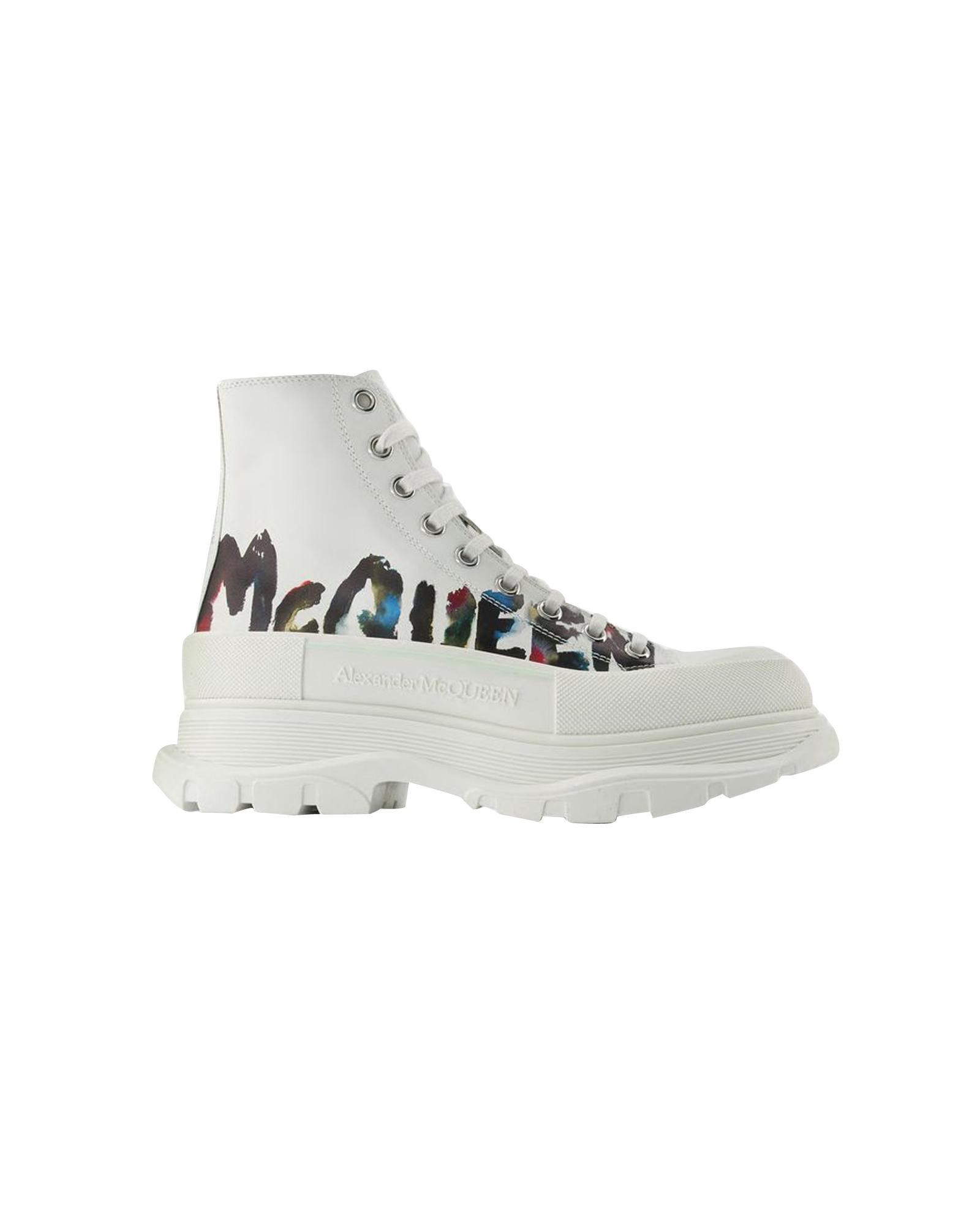 image of Alexander Mcqueen White Canvas Sneakers With Multicolored Logo - Platform Sole, Men's (Size 7)