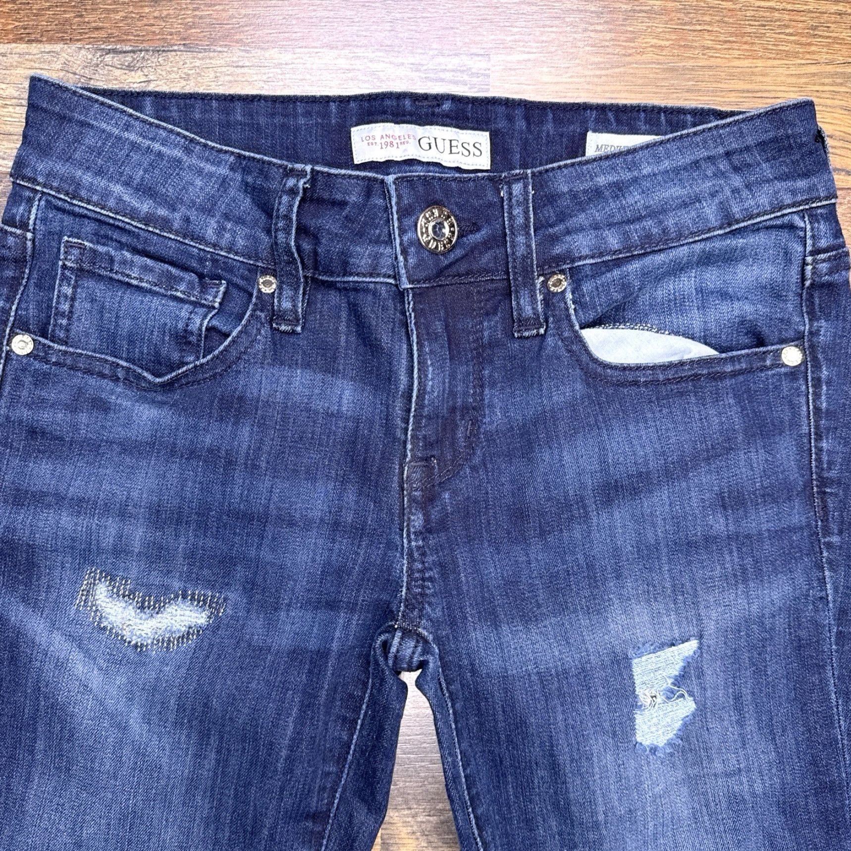 Guess Guess Jeans Womens 26 Low Rise Stretch Distressed Patch Fit Skinny Denim Blue 5-Pocket City Modern Regular Size 26" / US 2 / IT 38 - 3 Thumbnail