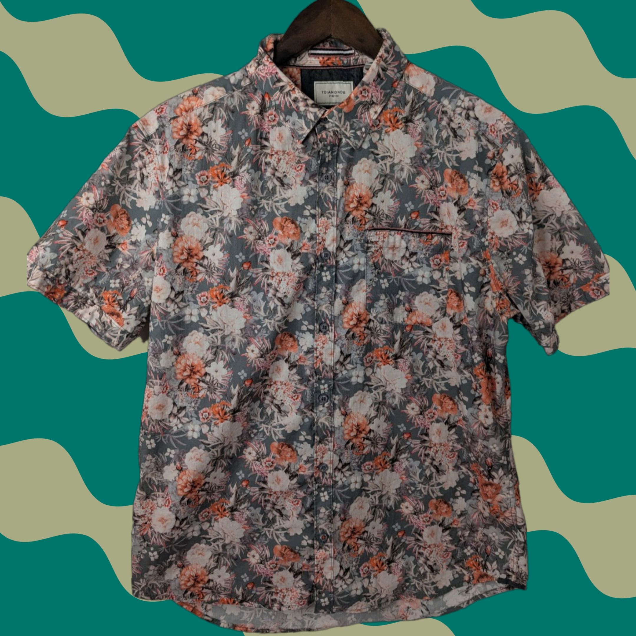 Vintage 7 Diamonds Shirt Floral Skyloft Button-Up Short Sleeve Men M Pink orange Regular Size US M / EU 48-50 / 2 - 1 Thumbnail