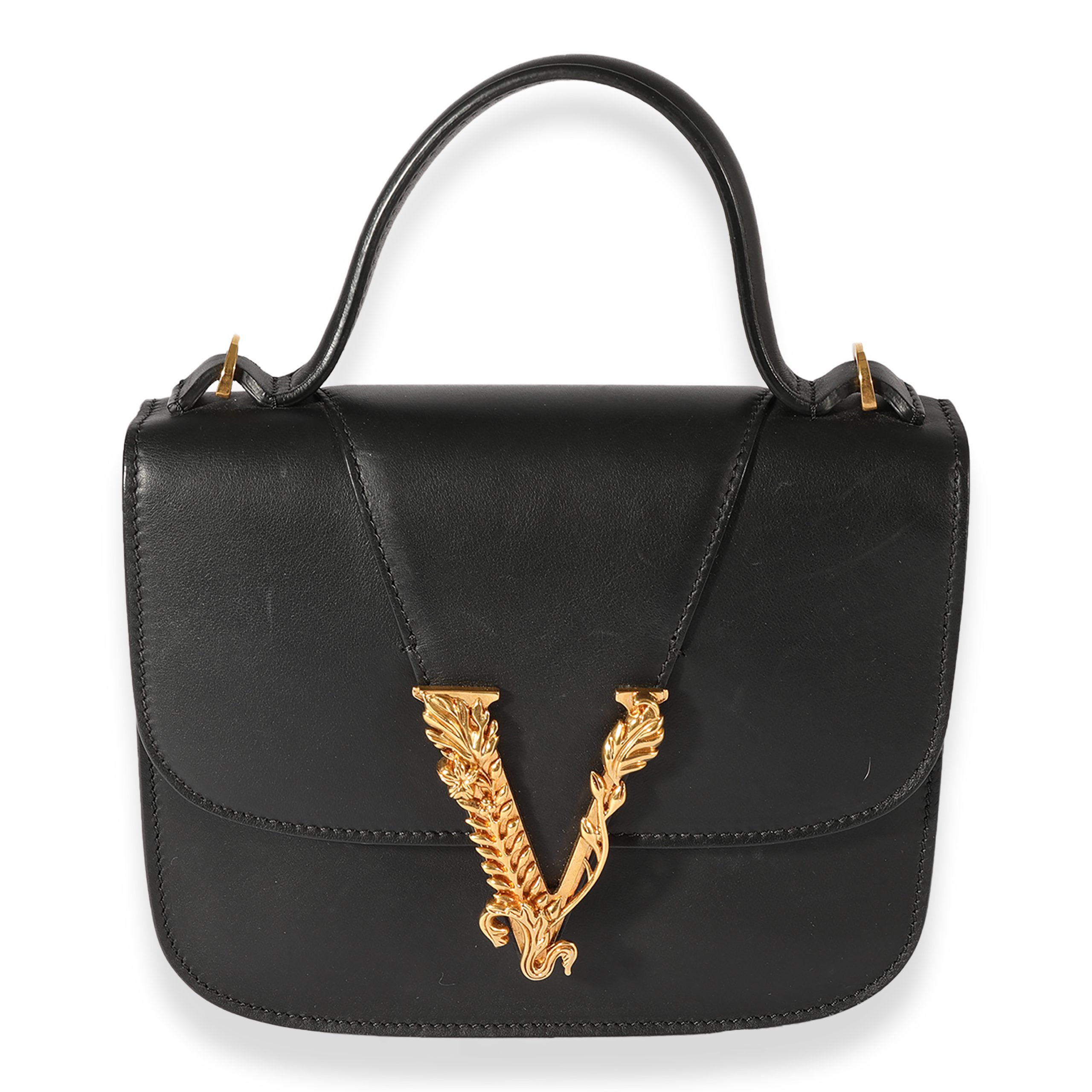image of Versace Black Smooth Leather Virtus Barocco V Small Top Handle, Women's