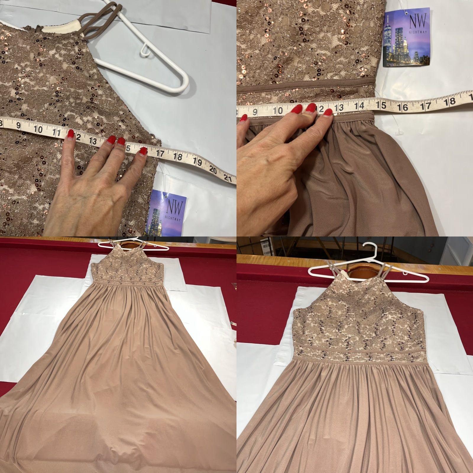 Vintage Nightway Dress Maxi HALTER Sequin Lace Brown Beige NEW GOWN Stretchy Size 10 NWT Size L / US 10 / IT 46 - 8 Thumbnail
