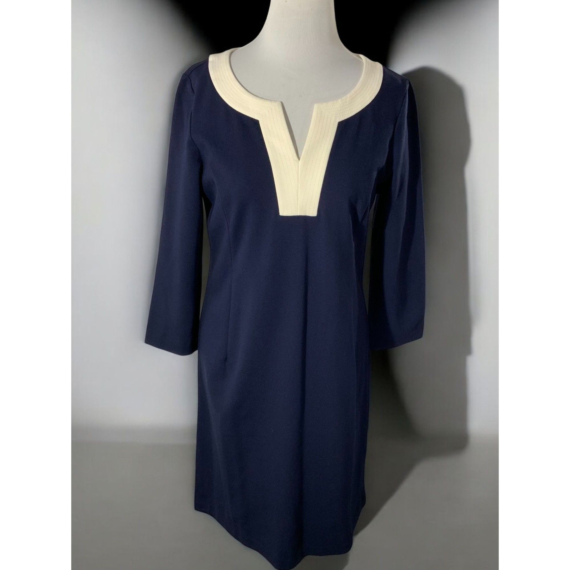 Talbots Knee Length Ponte Knit Dress Navy Off White Vneck Qu