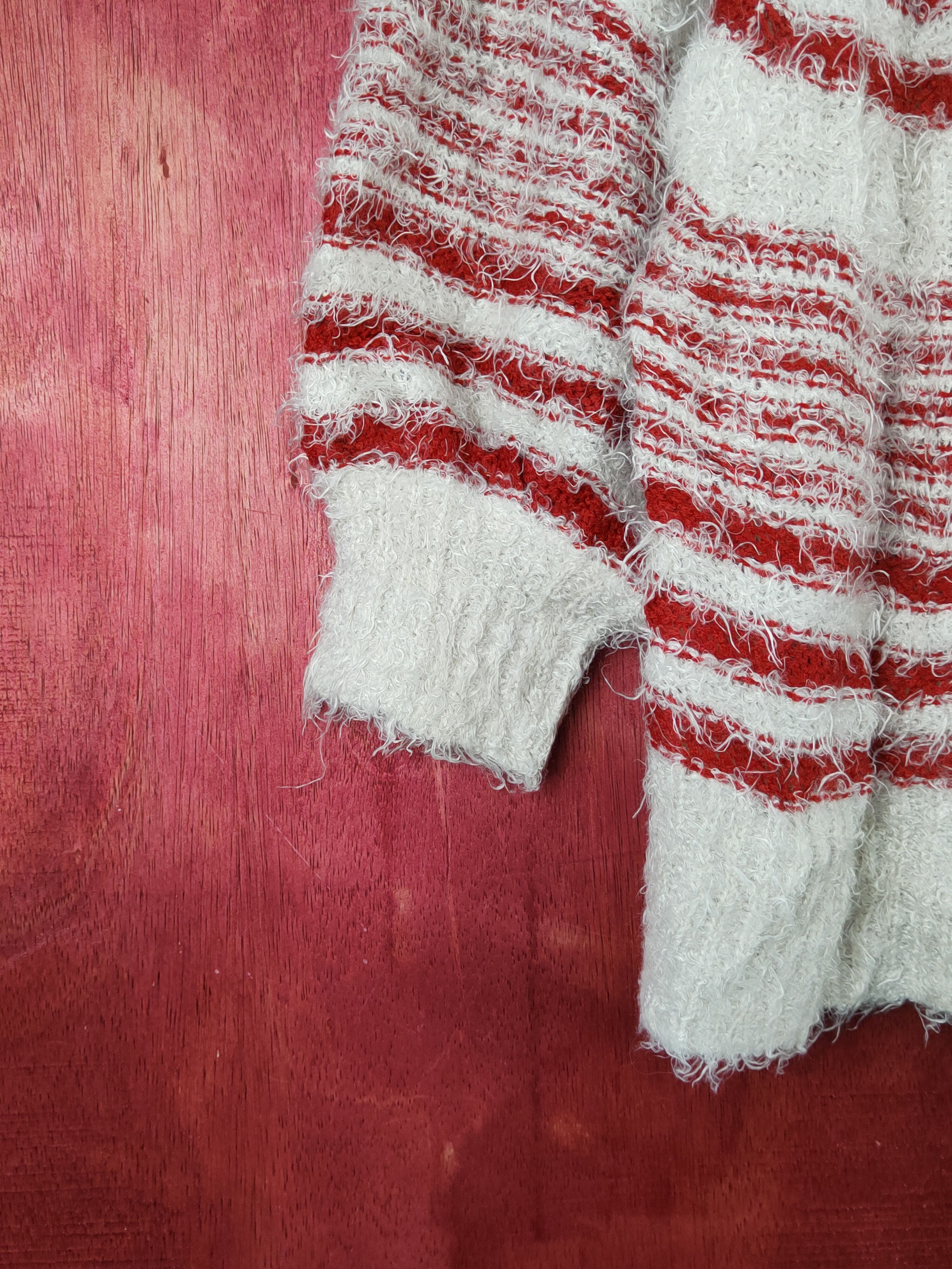 Homespun Knitwear Jeanasis Red White Shag Shaggy Fur Mohair Knitwear #S1936 Size L / US 10 / IT 46 - 4 Thumbnail