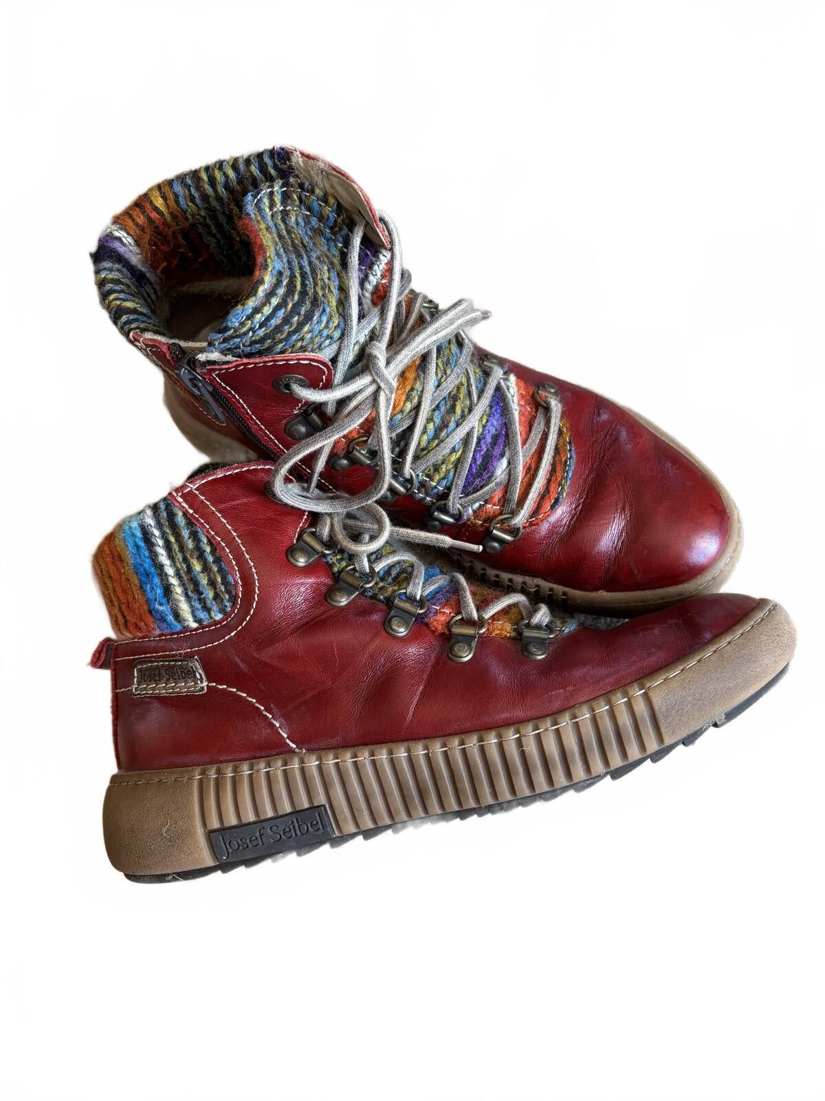JOSEF SEIBAL Josef Seibel Maren 06 Red Leather Knit Ankle Boots Size 38 Size US 7.5 / IT 37.5 - 1 Thumbnail
