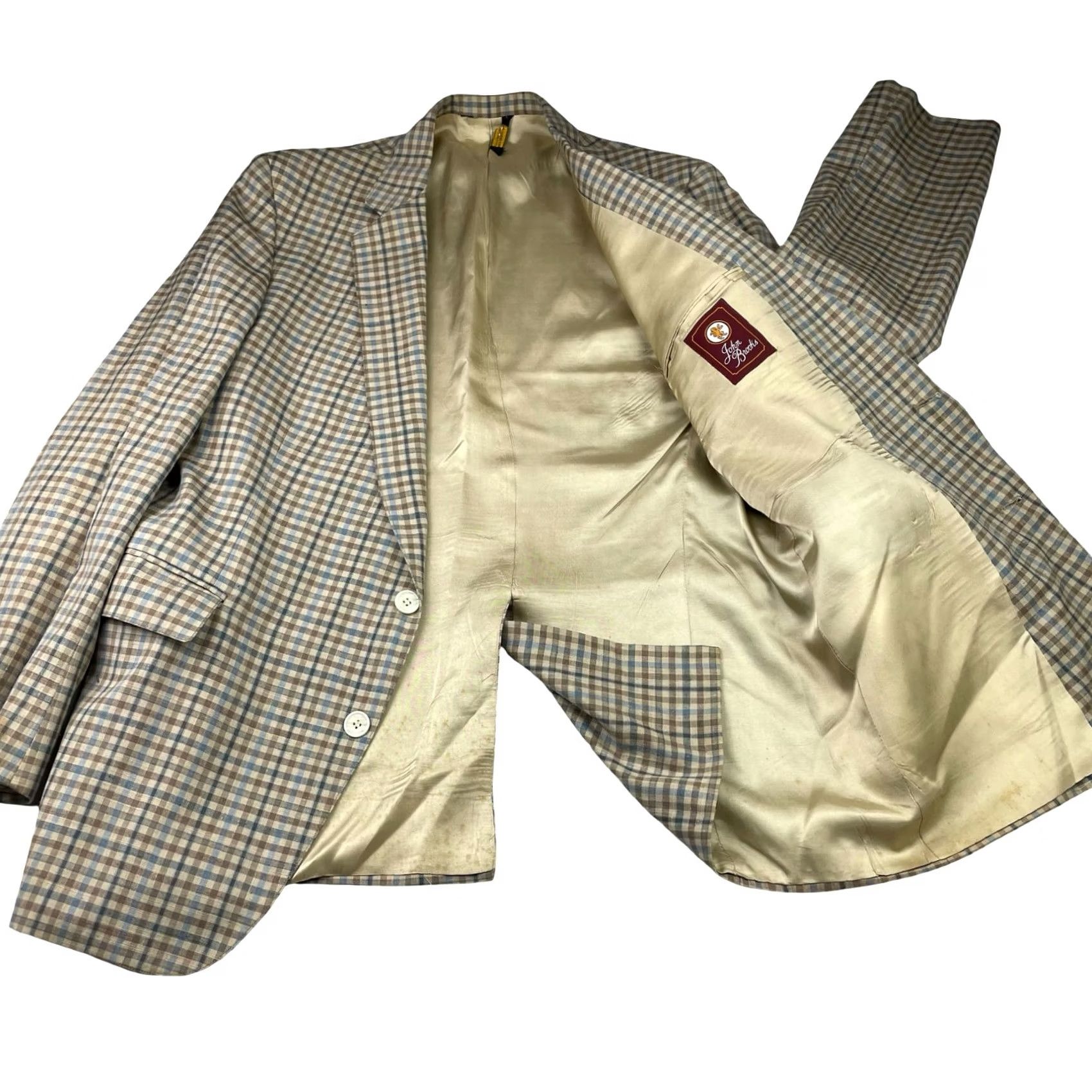 Brooks VINTAGE John Brooks Blazer Mens Beige/Blue/Brown Plaid 42S Two-Button Size 42R - 3 Thumbnail