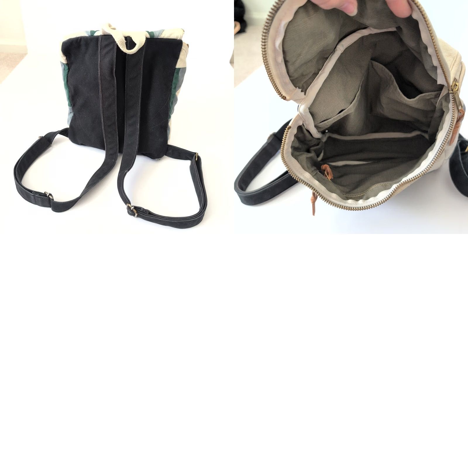 Madebyhank Handmade Canvas Quilted Star Backpack Green Blue Cream Artisan Bag‎ original size backpack, black quilt star with mauve and  main image 4