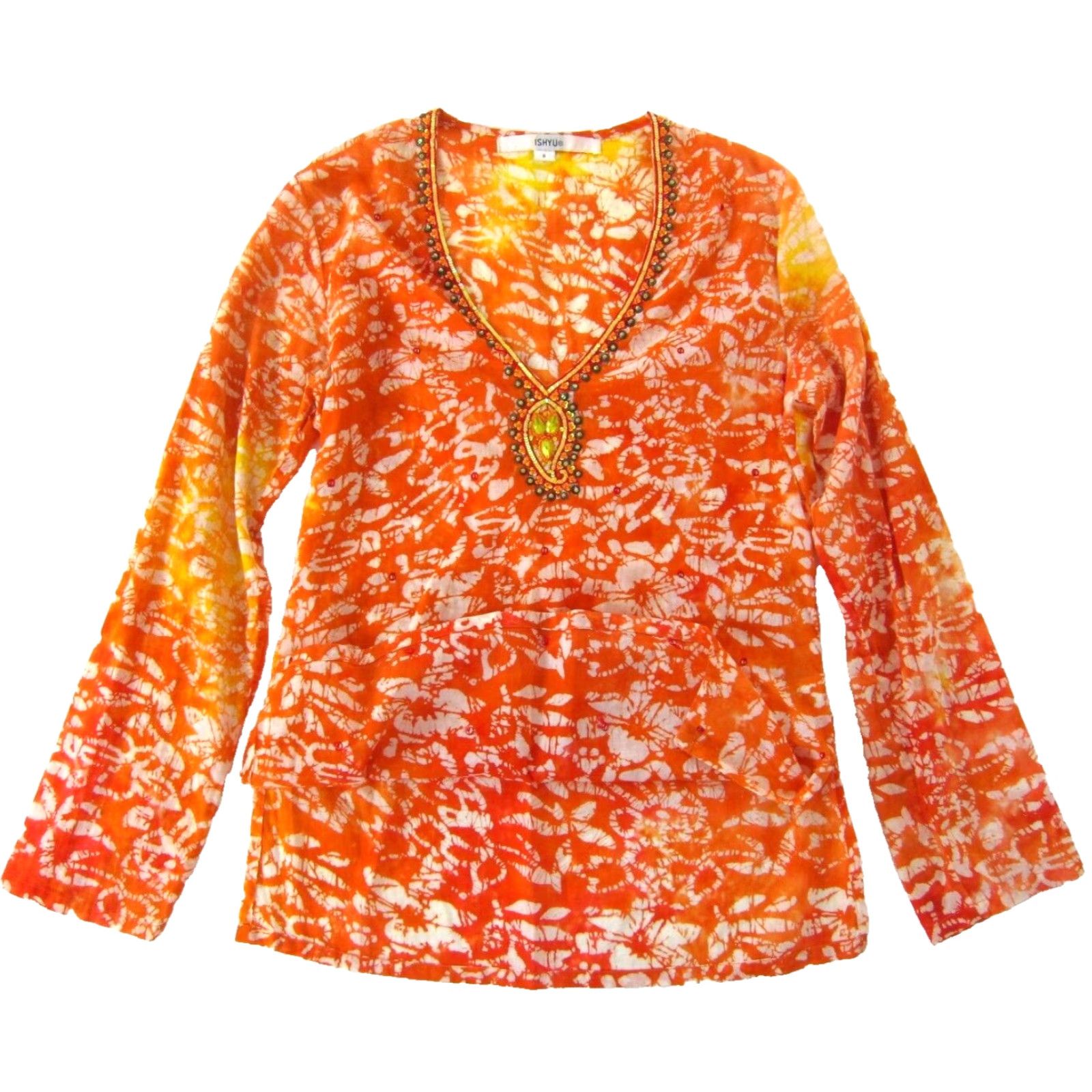 Vintage ISHYU Cotton Orange Yellow Tie Dye Beaded Long Sleeve Tunic Blouse Small Size S / US 4 / IT 40 - 2 Thumbnail