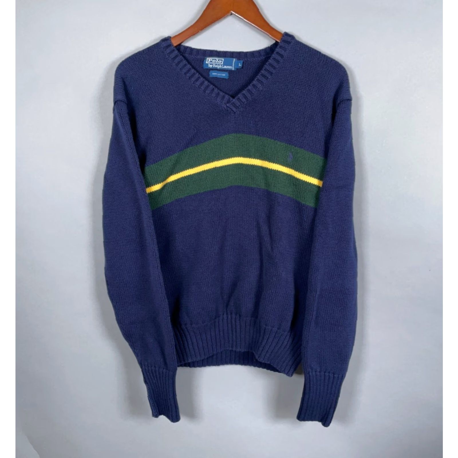 Polo Ralph Lauren POLO RALPH LAUREN Cotton Chunky-Knit V-Neck Sweater Adult Large Blue Green Stripe Casual Mens Size US L / EU 52-54 / 3 - 2 Thumbnail
