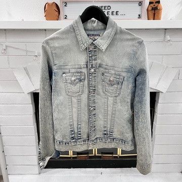 image of Light Wash True Religion Oversize Denim Trucker Jacket in Blue White, Women's (Size Medium)