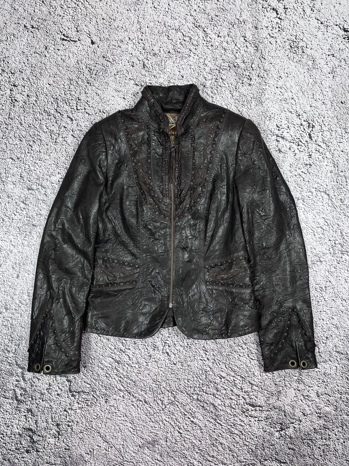 Leather Vintage Distressed Crinkled Leather Jacket Studded Y2K Size XS / US 0-2 / IT 36-38 - 1 Thumbnail