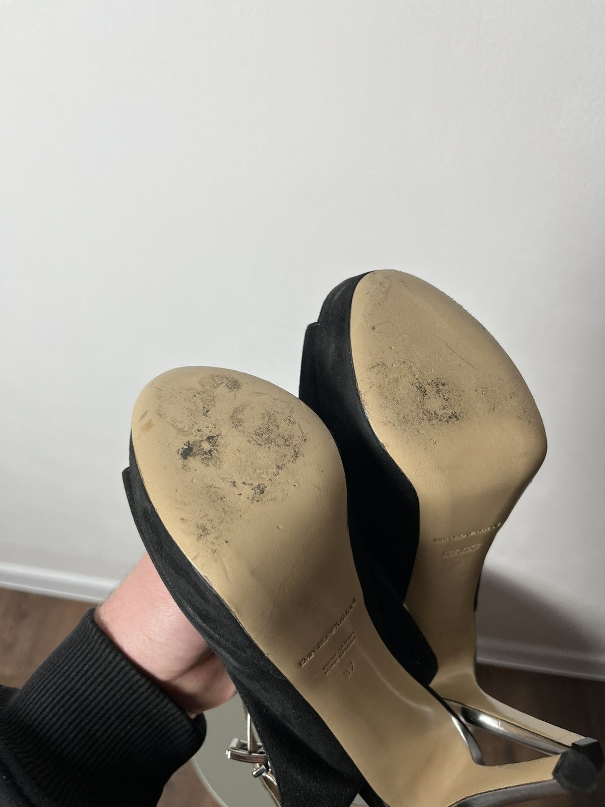 Emporio Armani Emporio Armani Black Suede Peep Toe Heels with Silver Straps Size US 6 / IT 36 - 16 Thumbnail