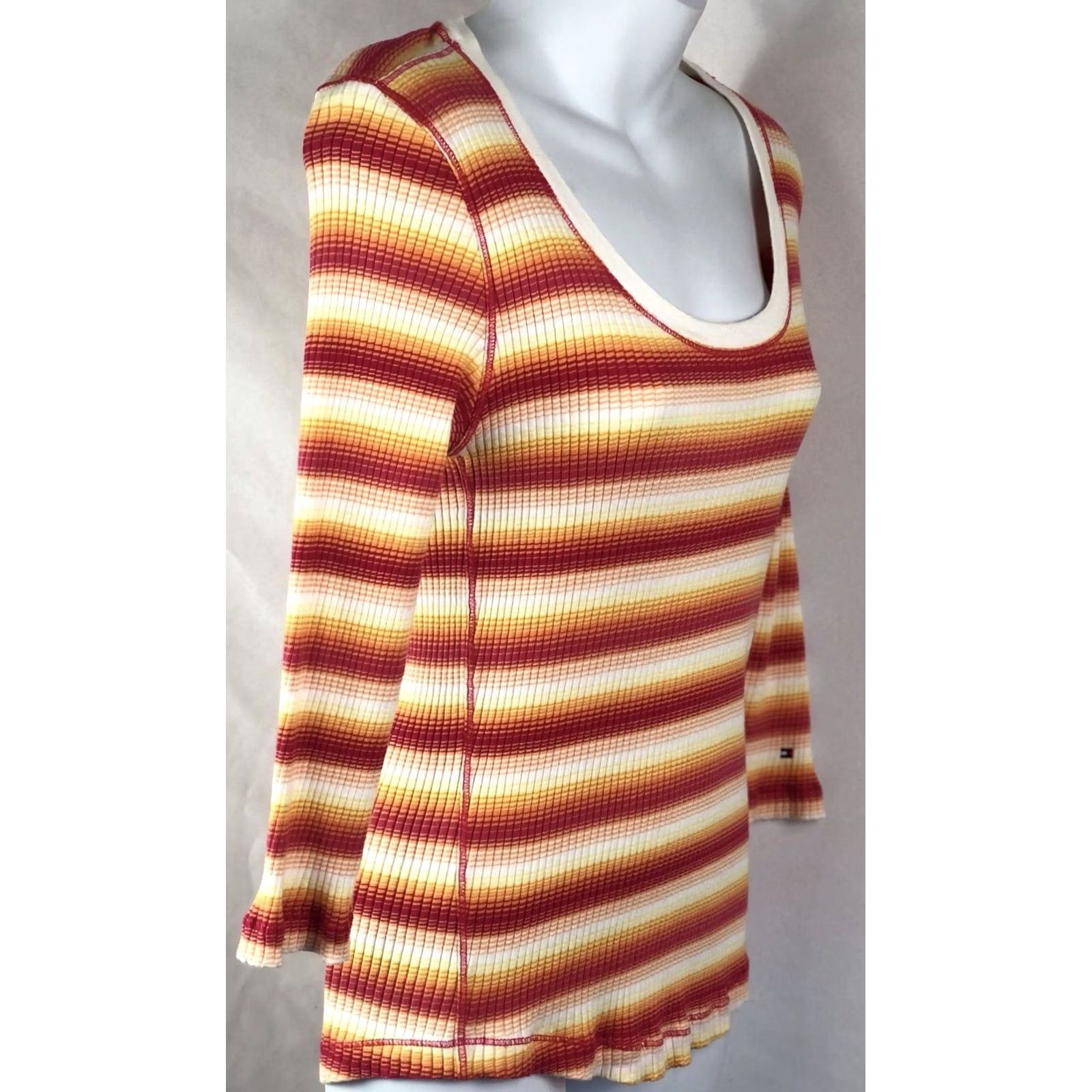 Tommy Hilfiger VINTAGE Tommy Hilfiger thermal top M yellow/red stripe scoop 3/4 sleeves Tee Y2K 90s Mens Womens Girls Boys Size M / US 6-8 / IT 42-44 - 2 Thumbnail