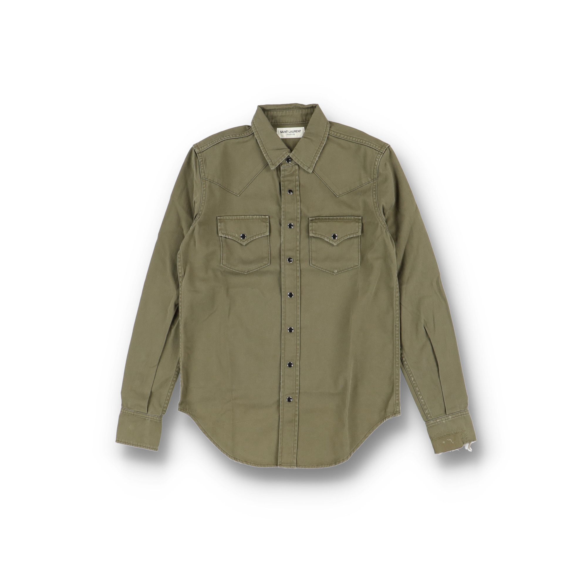 Saint Laurent Paris Khaki Classic Western Distressed Denim Shirt Size S / US 4 / IT 40 - 2 Thumbnail