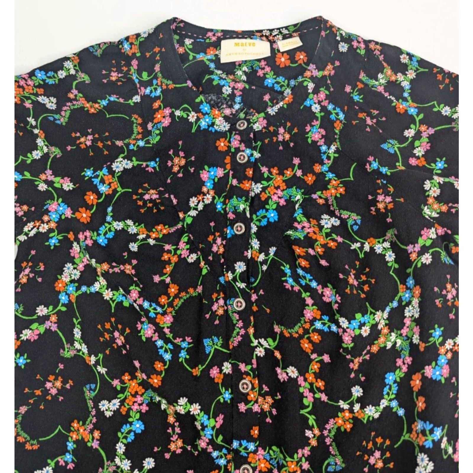 Anthropologie Maeve by Anthropologie Women's Avignon Button Down Black Floral Blouse XS Regular Crew Neck Button Long Sleeve Lightweight Summer Size XS / US 0-2 / IT 36-38 - 6 Thumbnail