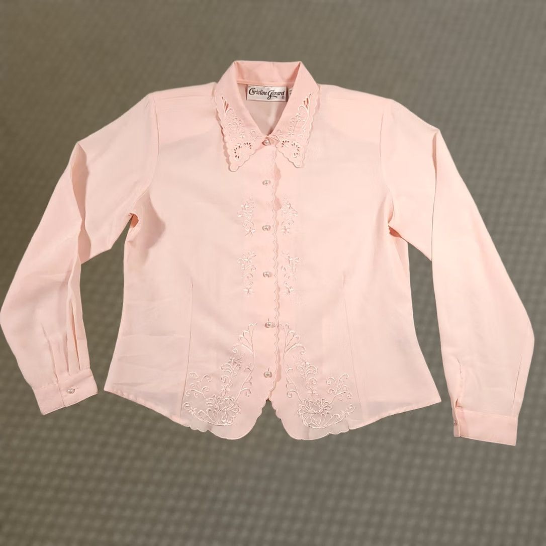 Vintage Christine Gerard Blouse Womens 10 Pink Embroidered Pearl Button Long Sleeve Top Size L / US 10 / IT 46 - 1 Thumbnail