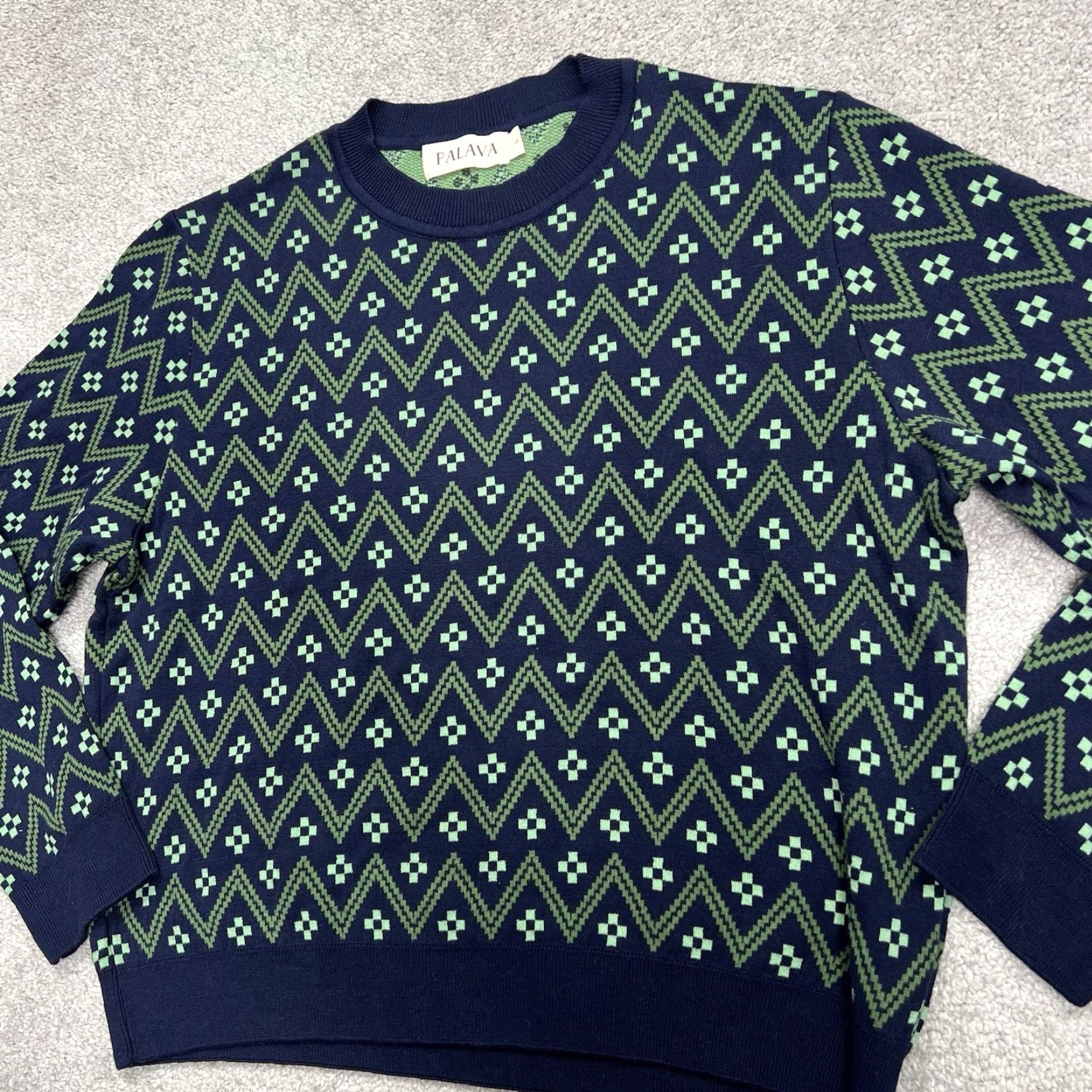 Vintage VINTAGE Palava Sweater Women’s Large Green Blue Knit Geometric Pullover Cotton Organic Size L / US 10 / IT 46 - 5 Thumbnail