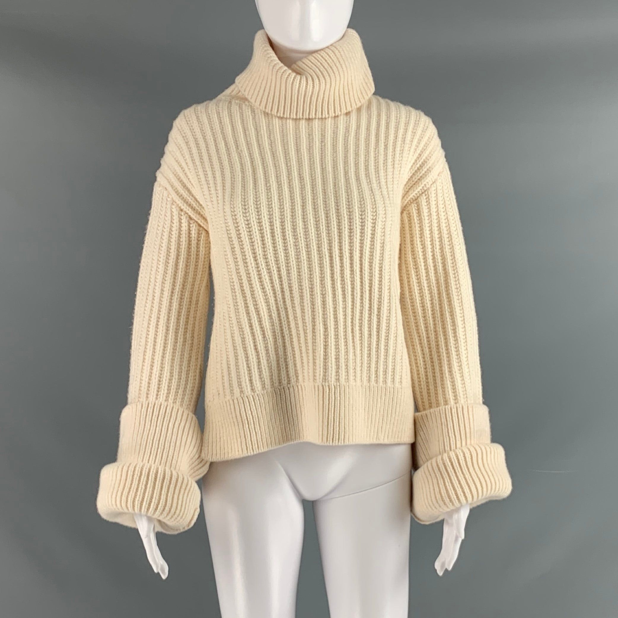 image of The Row Cream Wool Ribbed Turtleneck Sweater, Women's (Size XS)