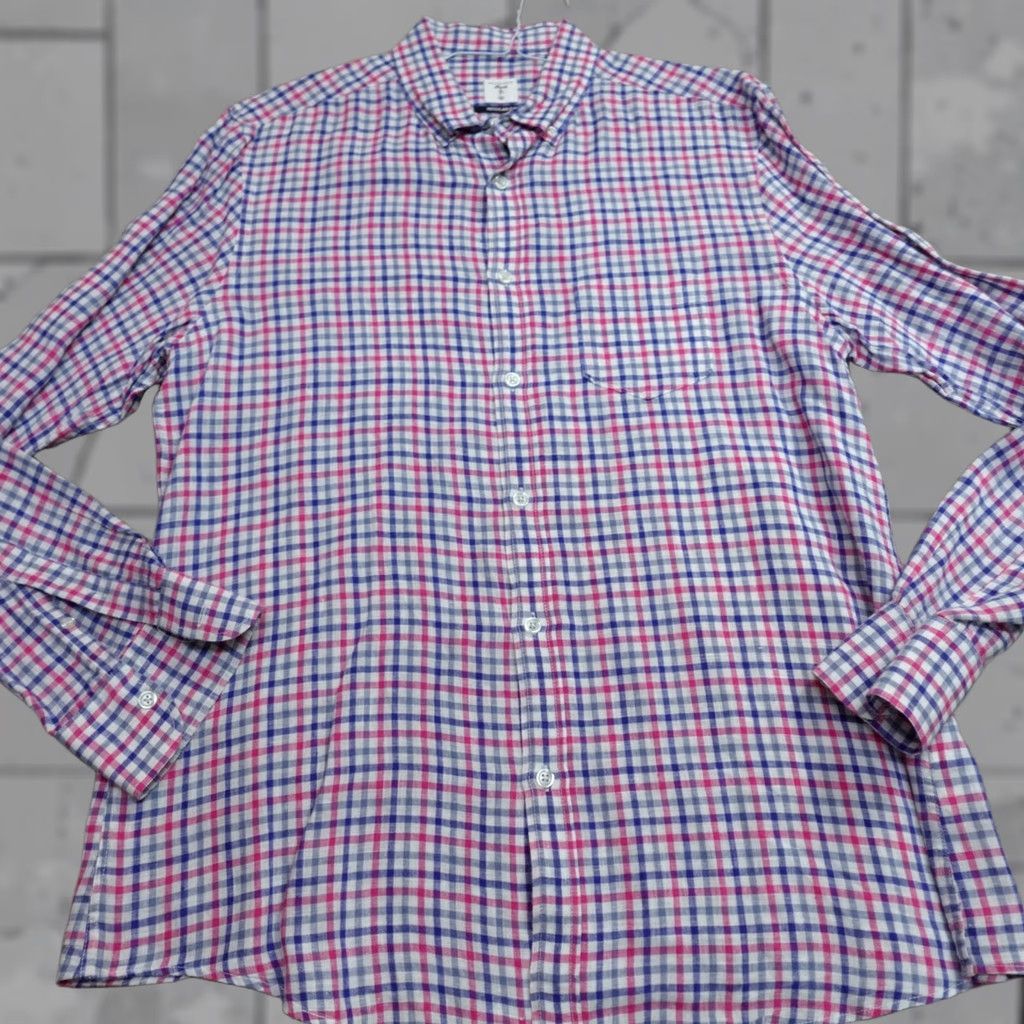 Vintage Mudo Shirt Medium Blue White Fuschia Plaid Check 100% Linen Button-Up Collar Down Long Sleeve Mens Regular Size US M / EU 48-50 / 2 - 1 Thumbnail