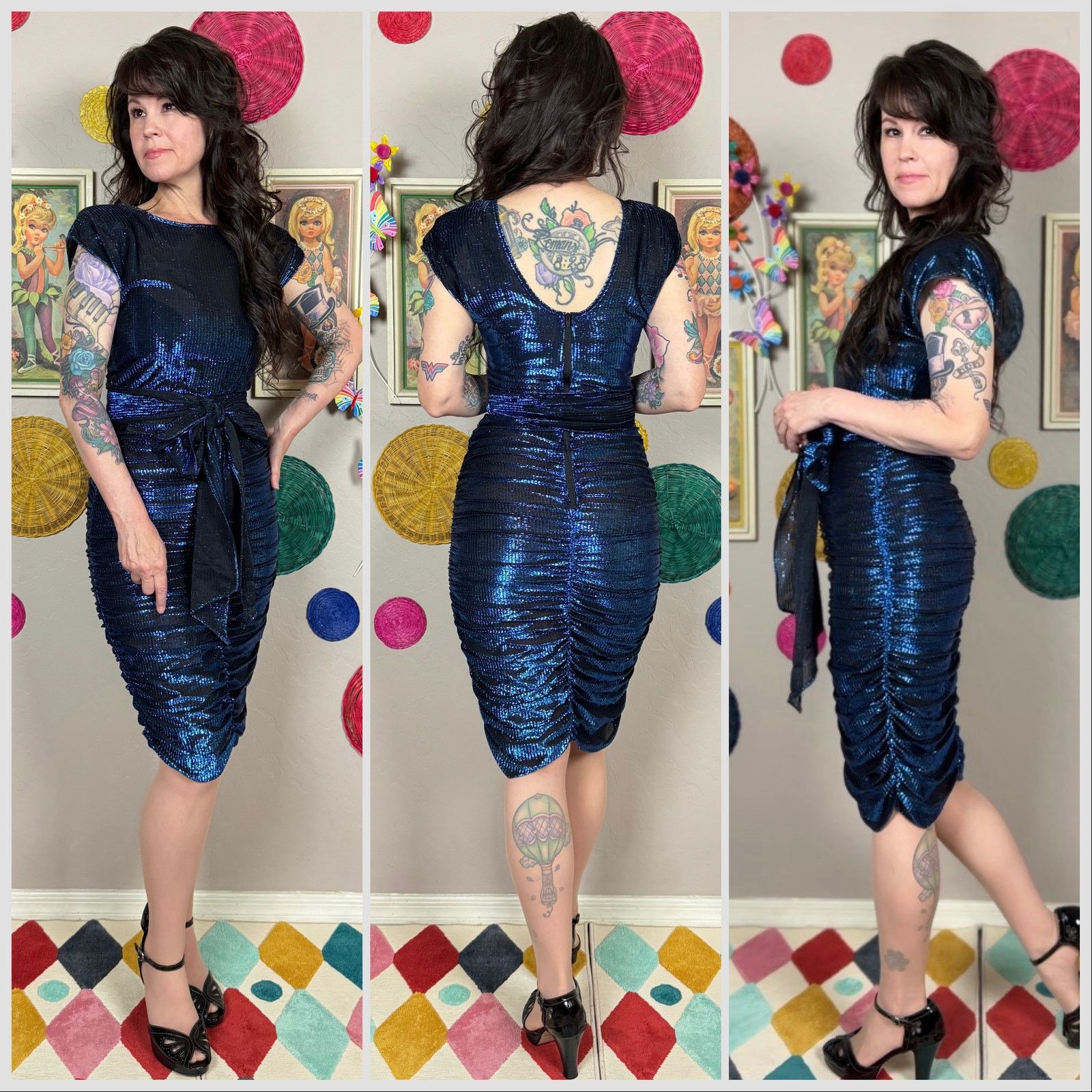 Vintage Vintage 1980s Metallic Blue Lurex Ruched Mini Disco Dress Size XS / US 0-2 / IT 36-38 - 2 Thumbnail