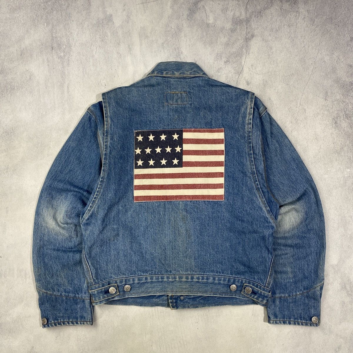 Vintage Ralph Lauren Polo Dungarees Denim Jean American Flag store Jacket Size Large