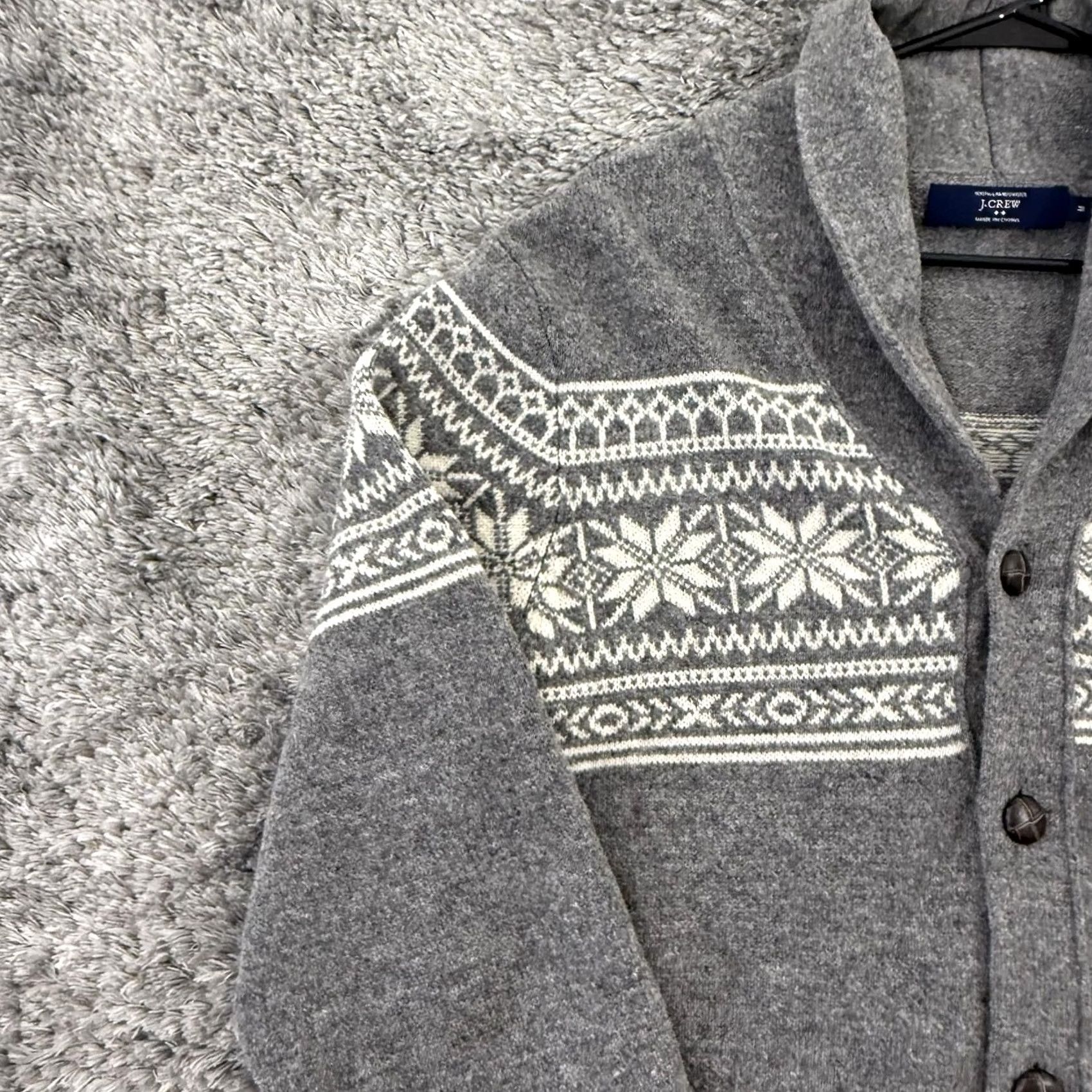 J.Crew J.CREW Cardigan Sweater Mens M Gray Shawl Collar Lambswool Fair Isle Nordic Wool Knit Button Pockets Size US M / EU 48-50 / 2 - 4 Thumbnail