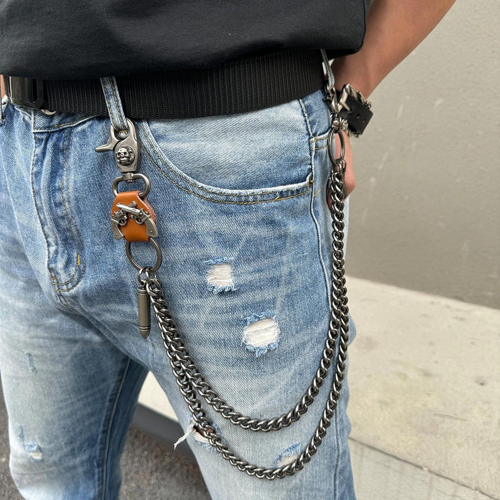 Jewelry Double Bullet Pants Wallet Chain in Silver, Men's