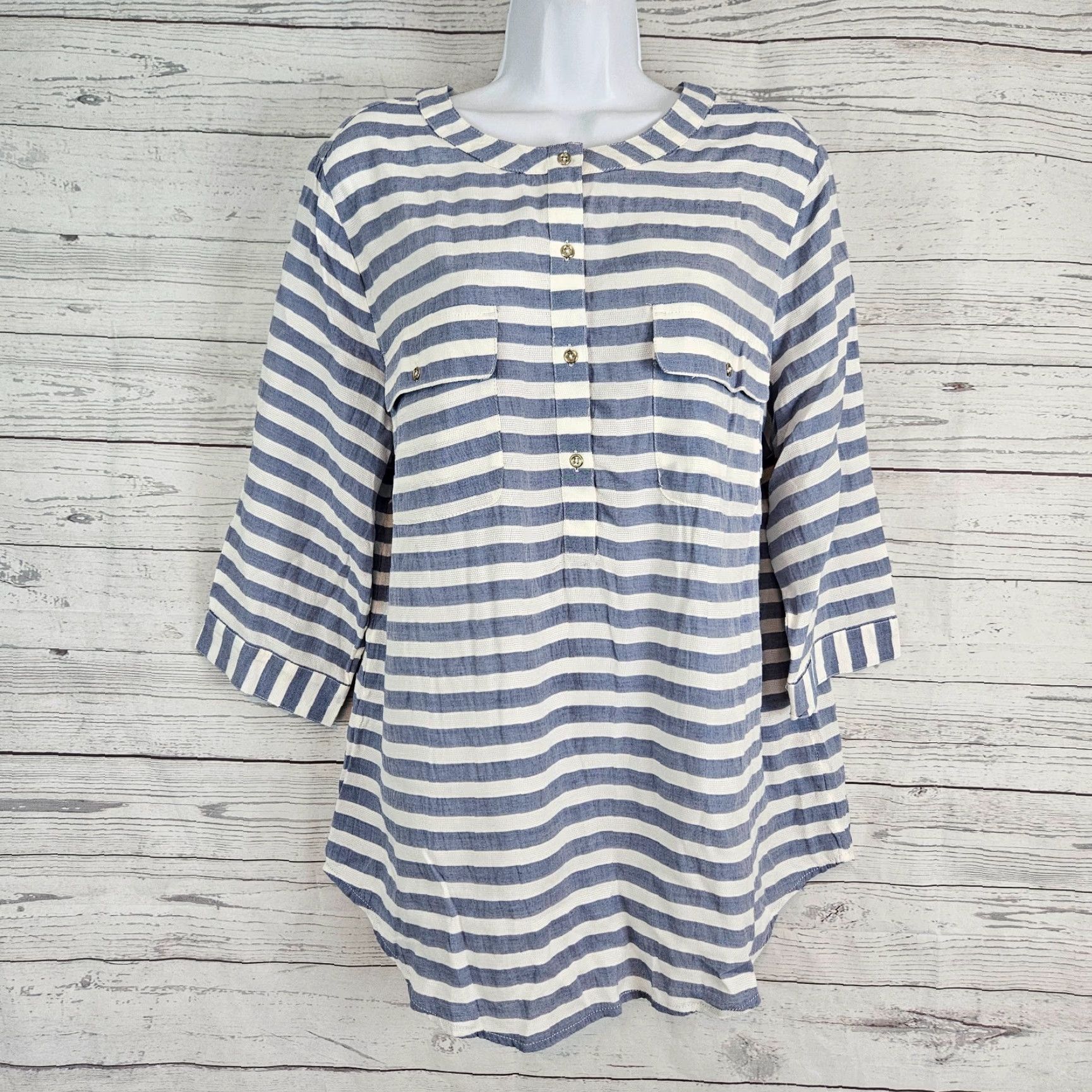 Vintage VINTAGE Chico's Womens Crinkle Stripe Tunic Sz Large Blue White 3/4 Sleeve Viscose Blend Size L / US 10 / IT 46 - 2 Thumbnail