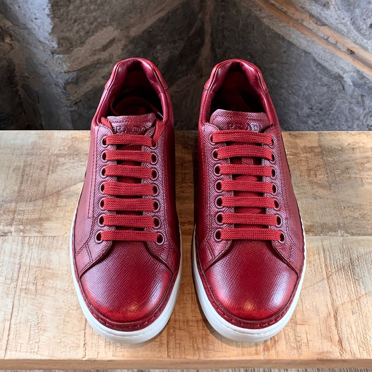 Prada Prada Saffiano Red Leather Low-Top Sneakers Size US 7 / EU 40 - 2 Thumbnail