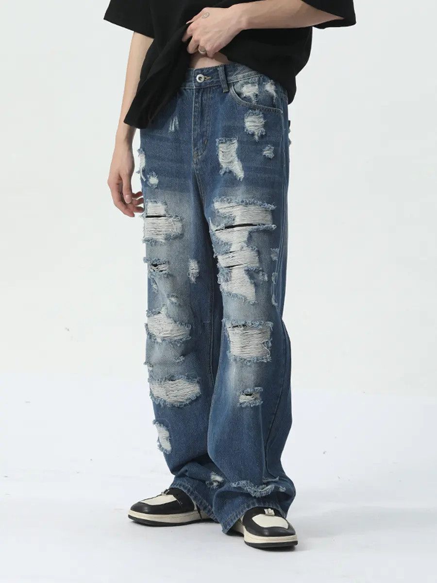 Japanese Brand Retro loose hip-hop straight leg ripped jeans Size US 32 / EU 48 - 2 Thumbnail