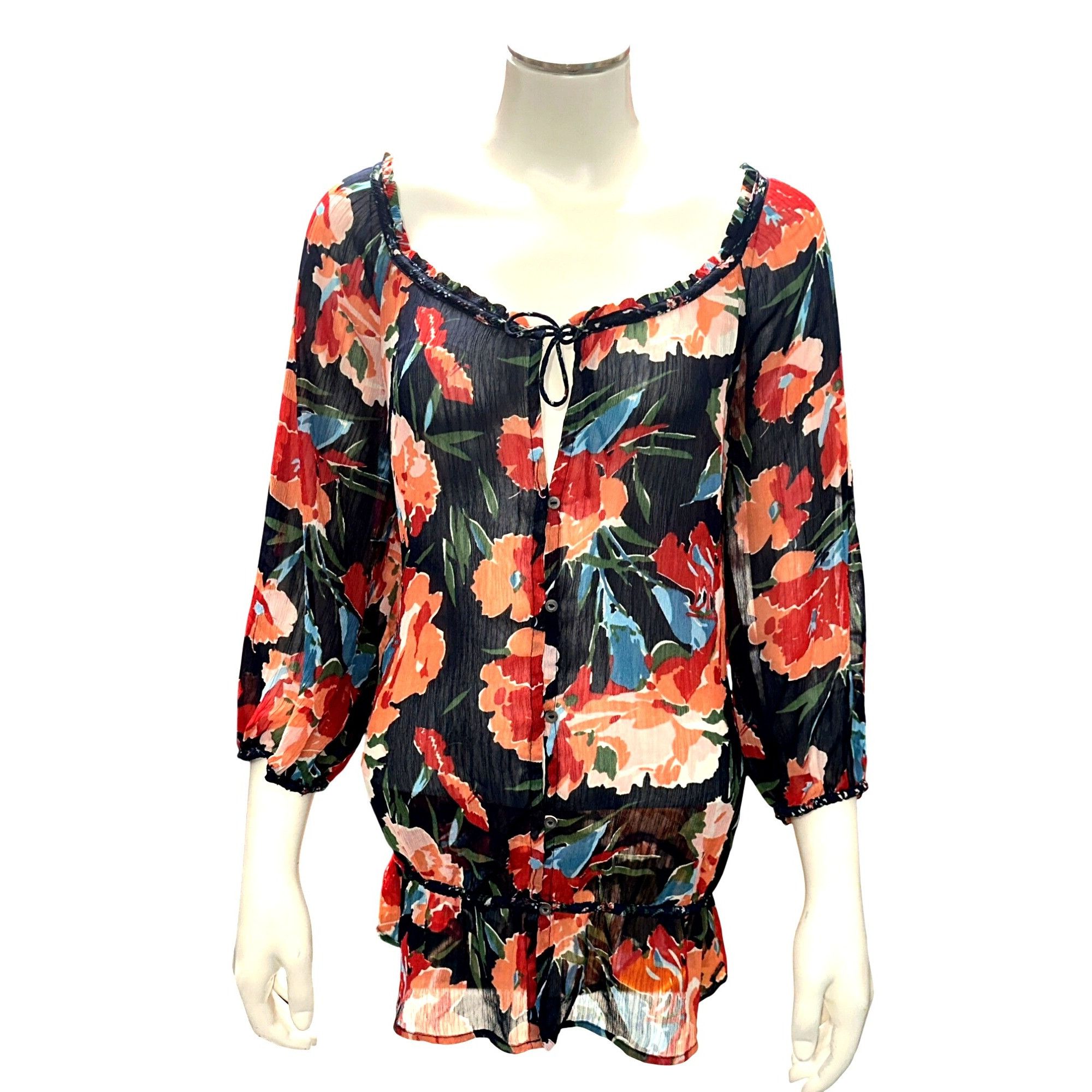 Abercrombie & Fitch Abercrombie Fitch Large Floral Peasant Sheer Boho Blouse Ruf Size L / US 10 / IT 46 - 2 Thumbnail