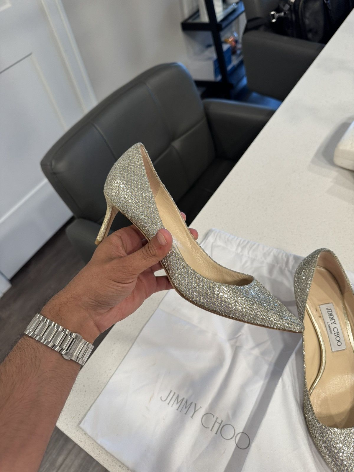 Jimmy Choo Jimmy Choo Romy 100 Glitter Pumps Size US 8.5 / IT 38.5 - 3 Thumbnail