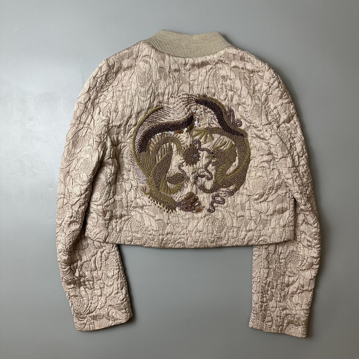 image of Dries Van Noten Dragon Sequin Crinkled Cropped Jacket in Pink, Women's (Size XS)