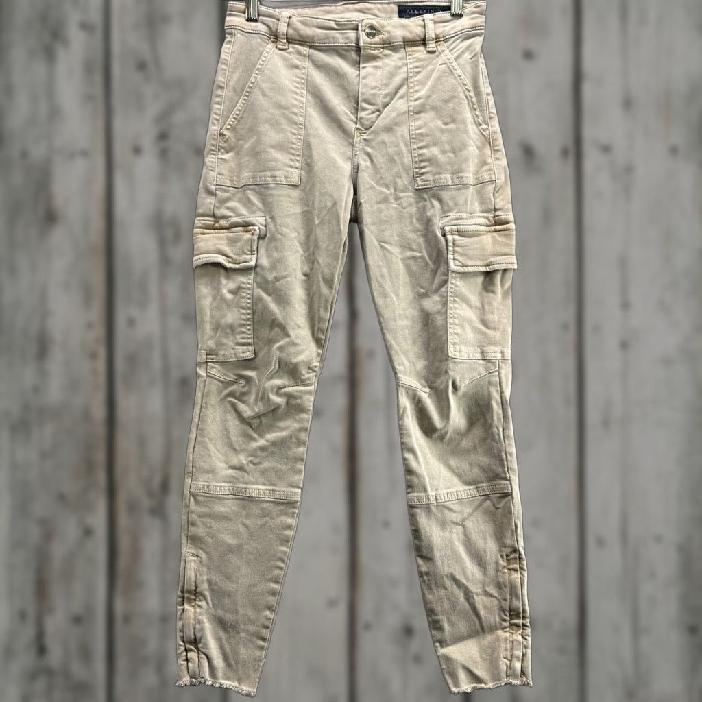 Allsaints AllSaints Duran Skinny Cargo Pants Womens 27 Beige Khaki Stretch Utility Pockets Zip Button Twill Cotton Polyester Spandex Casual Size 27" / US 4 / IT 40 - 1 Thumbnail