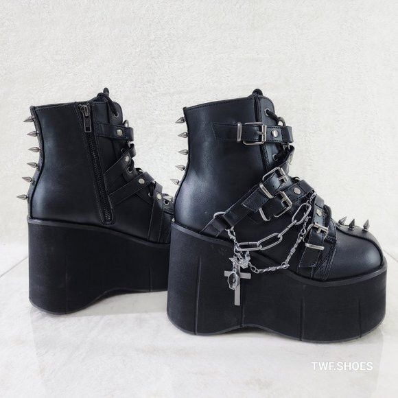 Demonia Cult DEMONIA Kera Goth Platform Wedge Ankle Boots With Chain Char Size US 7 / IT 37 - 6 Thumbnail