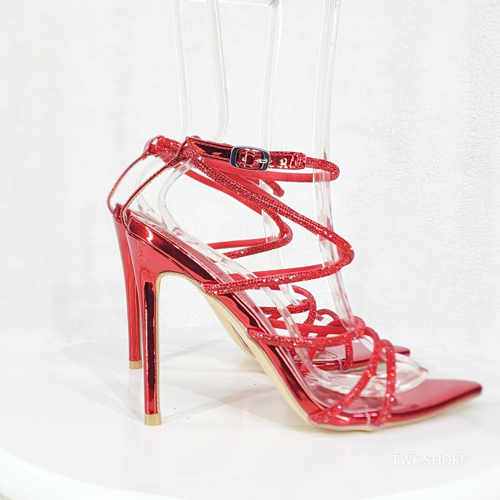 Other Party Town Red Metallic Strappy Rhinestone Pointy Toe High H Size US 5.5 / IT 35.5 - 6 Thumbnail
