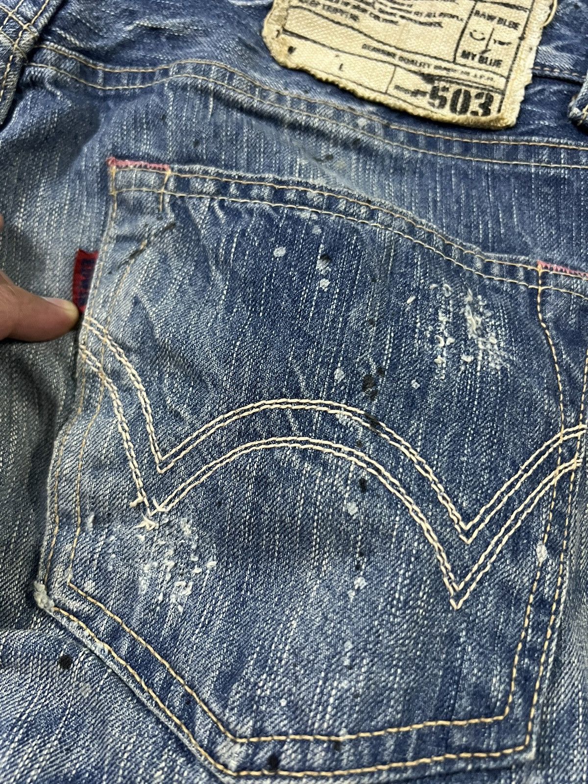 Edwin × Japanese Brand VTG EDWIN 503 BLUE TRIP SPLATTER DISTRESSED JEANS Size US 31 - 10 Thumbnail