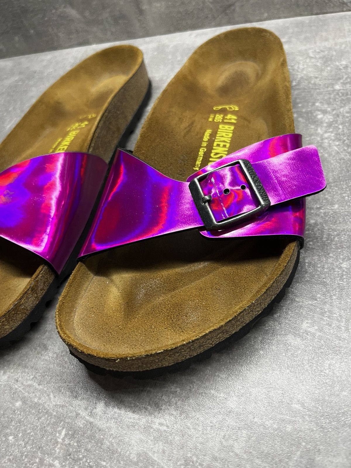 Birkenstock BIRKENSTOCK SUEDE SOLE-PINK HOLOGRAPHIC MADRID SLIDERS Size US 11 / IT 41 - 2 Thumbnail