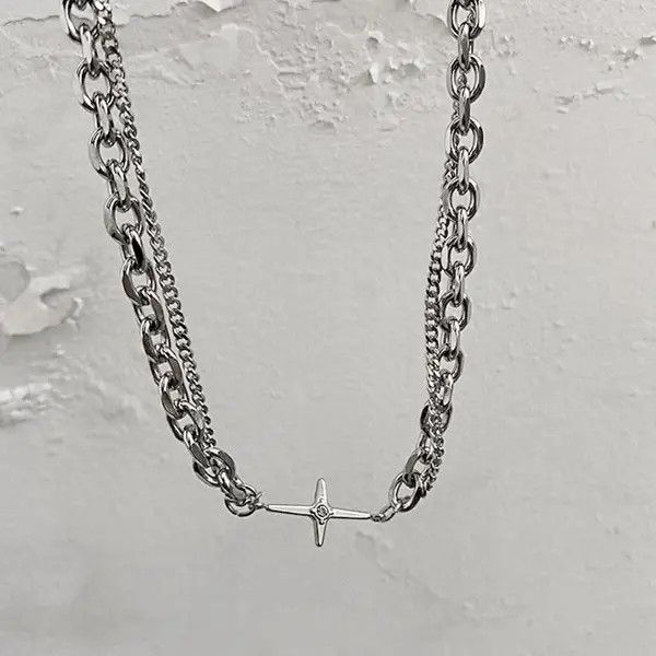 Other Double Layer Titanium Steel Star Link Chain Necklace for Men Size ONE SIZE - 3 Thumbnail