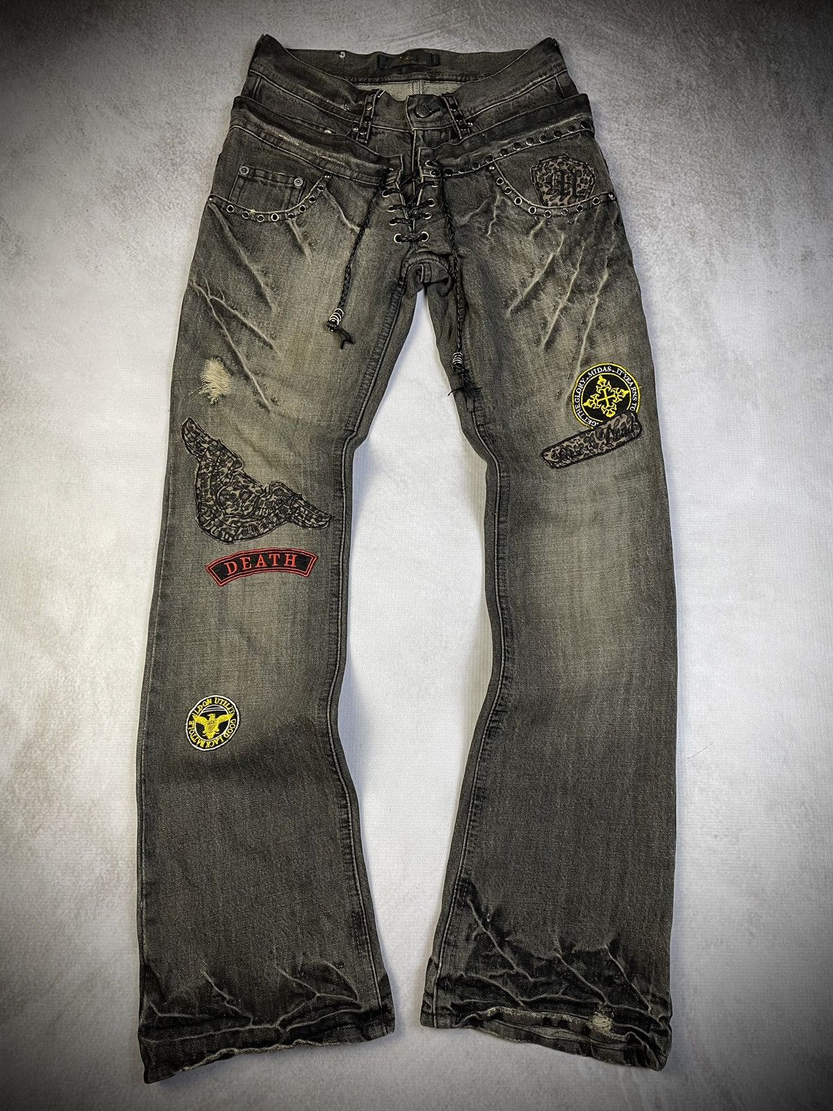 Tornado Mart 2000s Midas Vkei Style Lace Up Double Waist Flare Jeans Size US 29 - 1 Thumbnail
