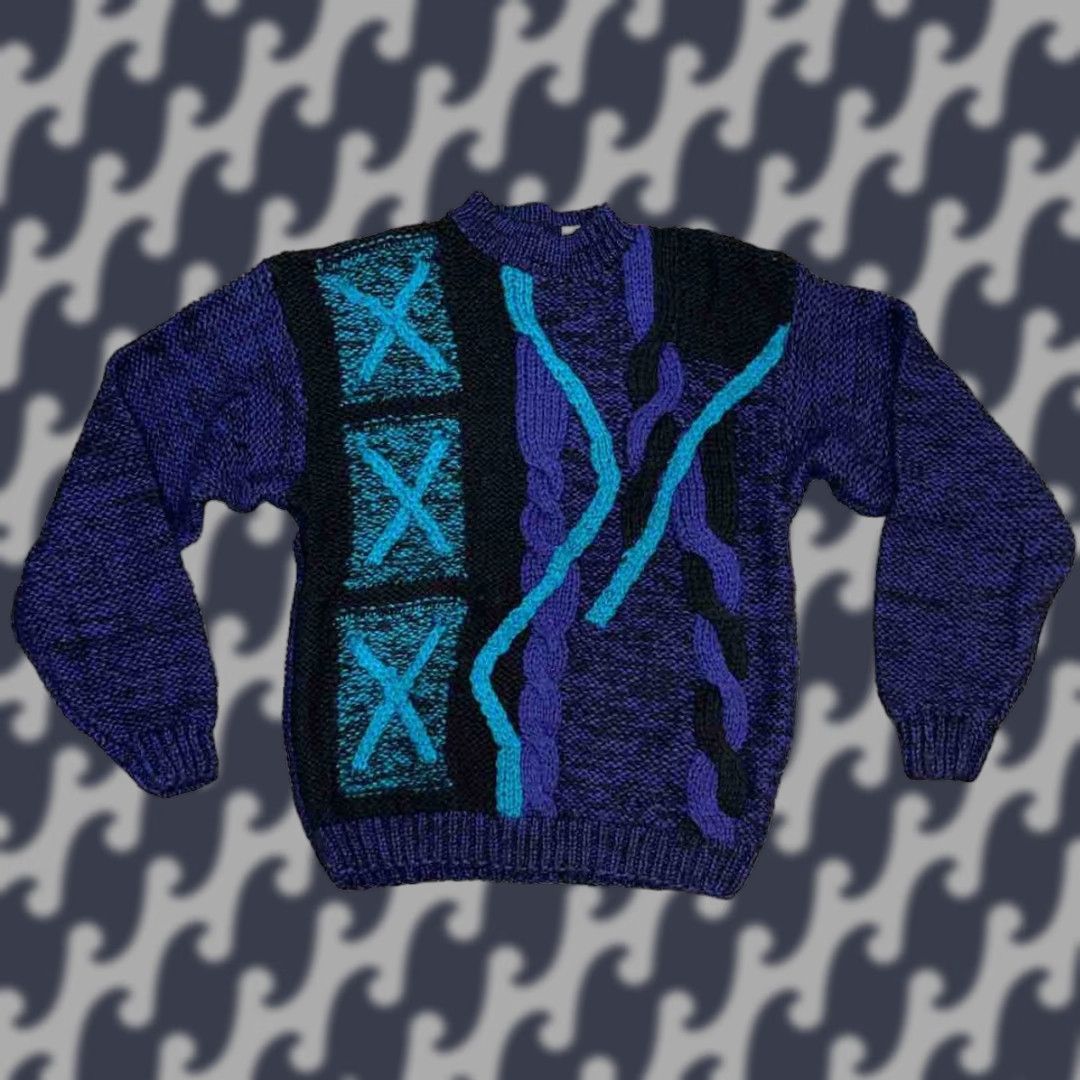 Etro VINTAGE City Streets Sweater Shirt Unisex XL Black Purple Teal 1990s Retro Knit Acrylic Size US XL / EU 56 / 4 - 1 Thumbnail