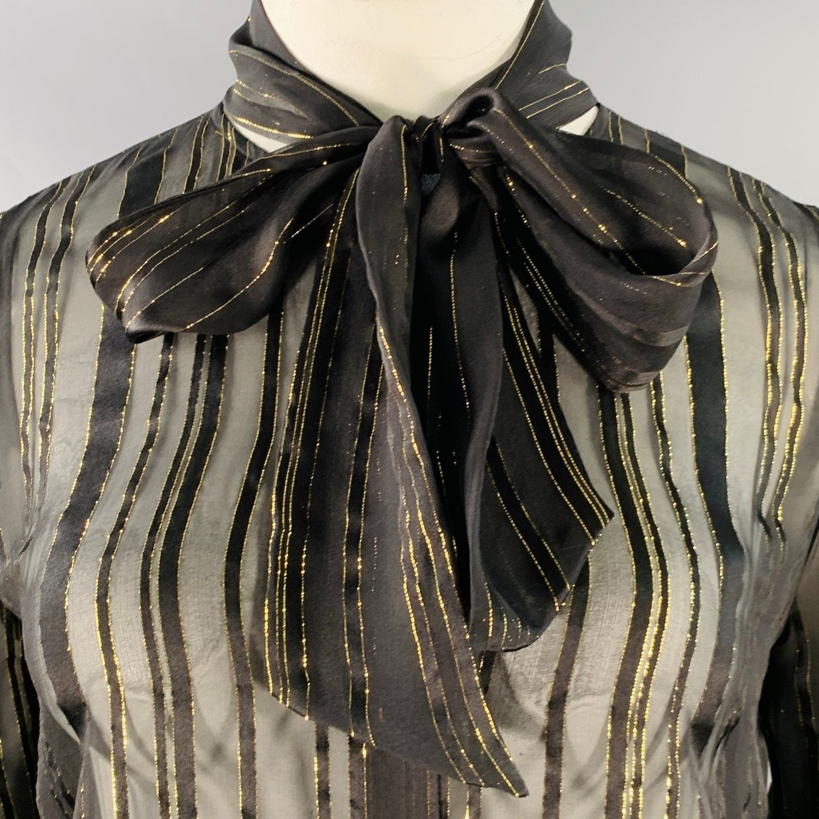 Frame FRAME Size L Black Gold Metallic Stripe Bow Button Up Blouse Size L / US 10 / IT 46 - 2 Thumbnail