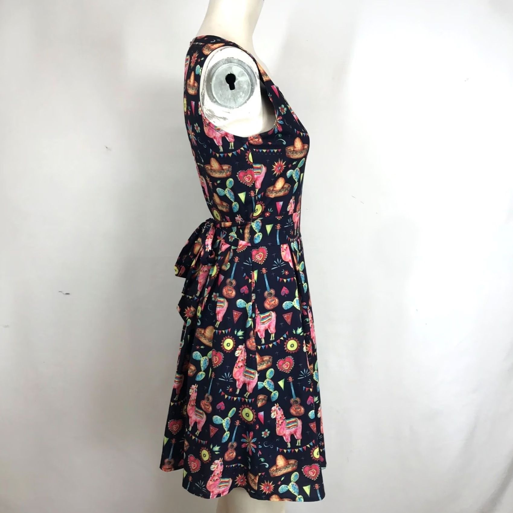 Etro DOLLZ & DAMES DRESS Women S Navy Western Llama Cactus Pleated Retro Knee Length Size S / US 4 / IT 40 - 4 Thumbnail