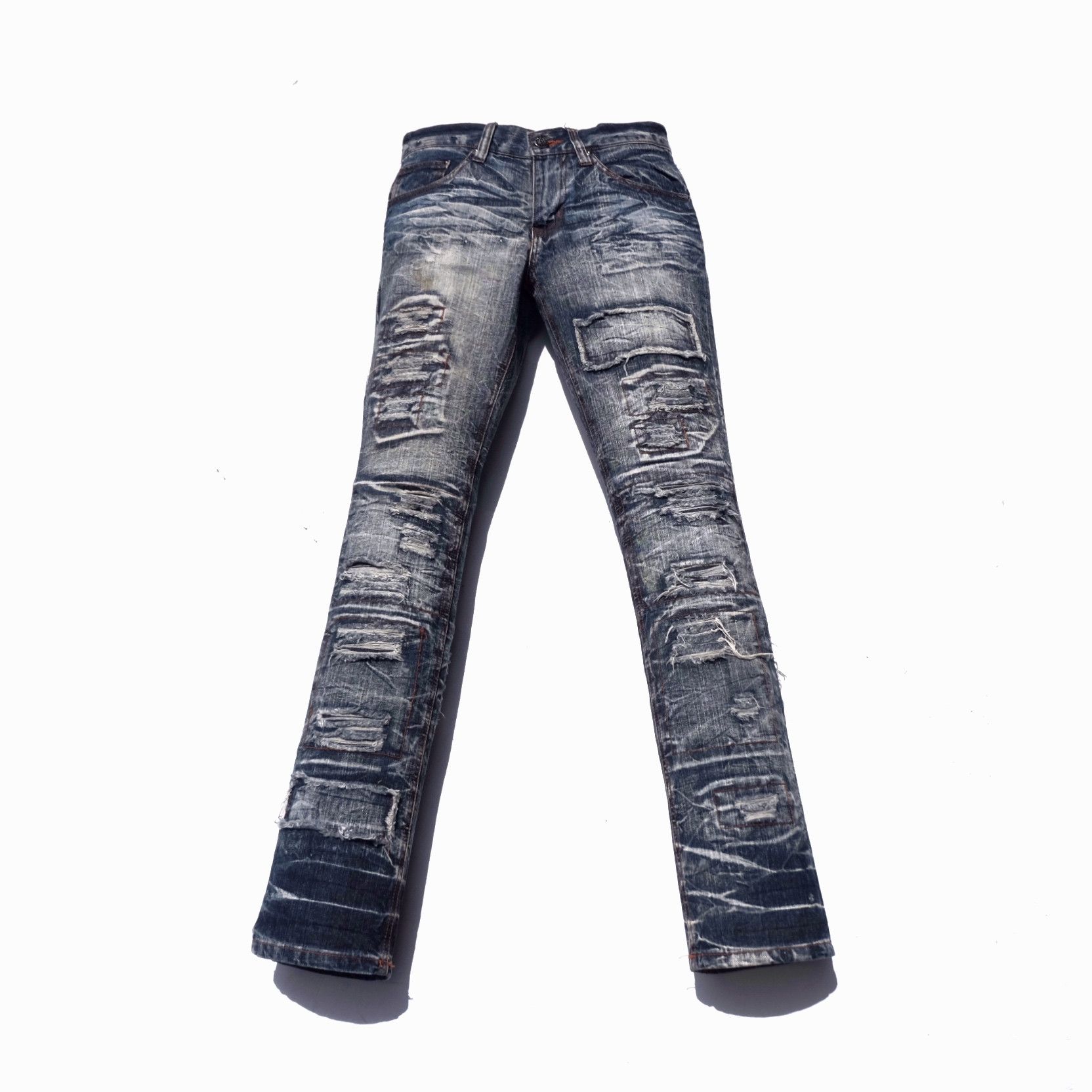 Image of 14Th Addiction x Tornado Mart Lowbox Patchwork Distressed Jeans in Washed Blue, Men's (Size 30)